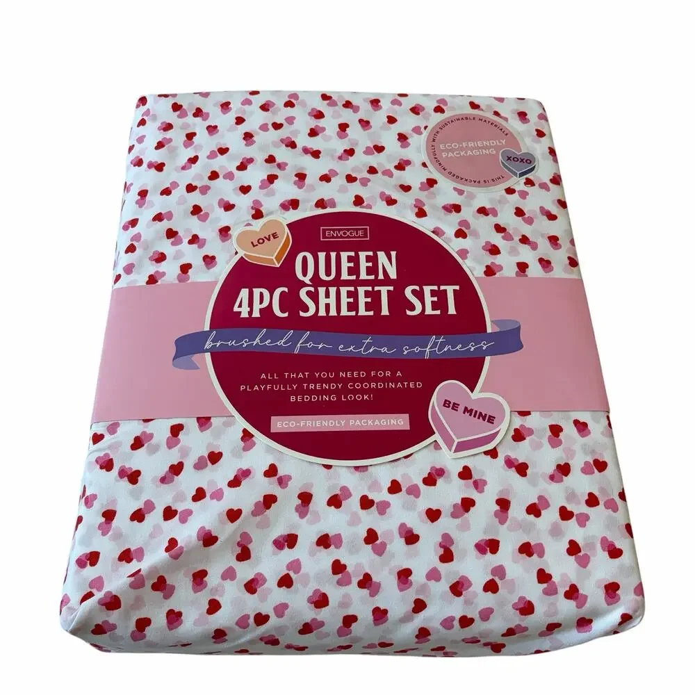 ENVOGUE Overlapping Hearts QUEEN Sheet Set 4pc Pink Red Valentines Day NEW